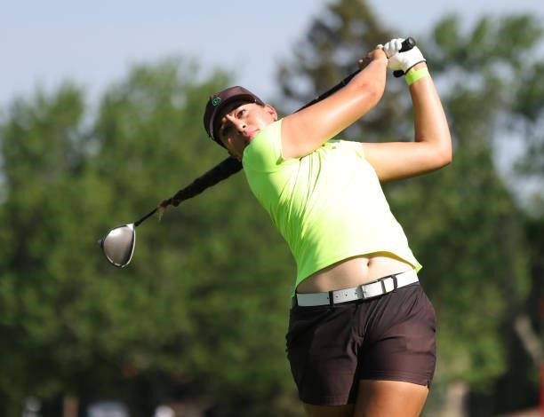 Breanne Jones tees off on the second hole during day three of the John Shippen Invitational on June 28, 2021 at the Detroit Golf Club in Detroit,...