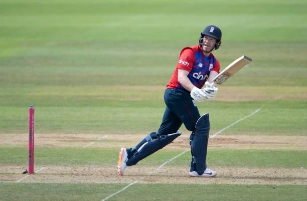 Eoin Morgan of England batting during the T20 International Series Third T20I match between England and Sri Lanka at The Ageas Bowl on June 26, 2021...