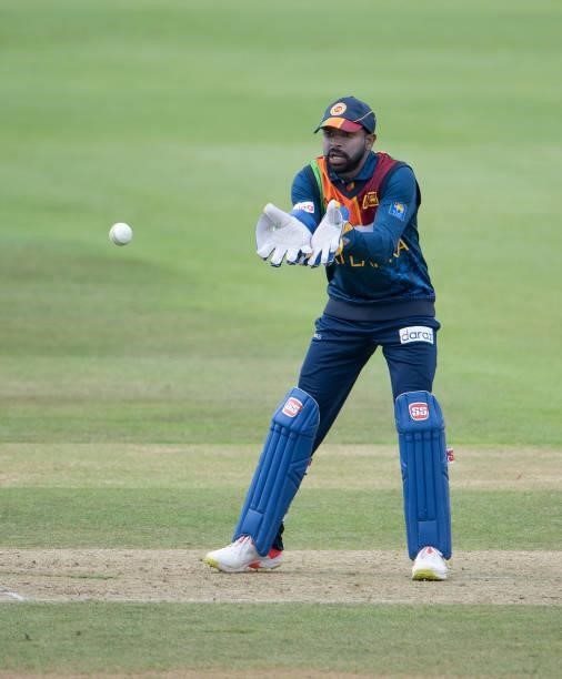 Niroshan Dickwella of Sri Lanka keeping wicket during the T20 International Series Third T20I match between England and Sri Lanka at The Ageas Bowl...