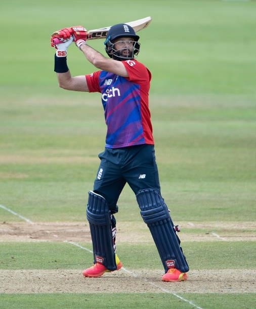 Moeen Ali of England batting during the T20 International Series Third T20I match between England and Sri Lanka at The Ageas Bowl on June 26, 2021 in...