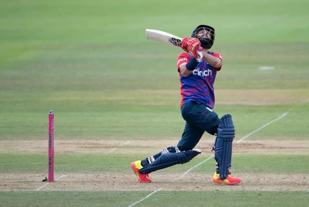 Moeen Ali of England batting during the T20 International Series Third T20I match between England and Sri Lanka at The Ageas Bowl on June 26, 2021 in...