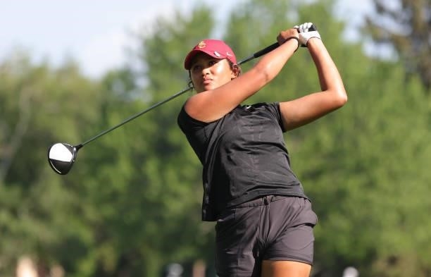 Amari Avery hits her tee shot on the second hole during day three of the John Shippen Invitational on June 28, 2021 at the Detroit Golf Club in...