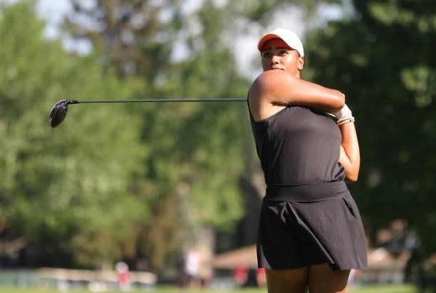 Bailey Davis hits her tee shot on the second hole during day three of the John Shippen Invitational on June 28, 2021 at the Detroit Golf Club in...