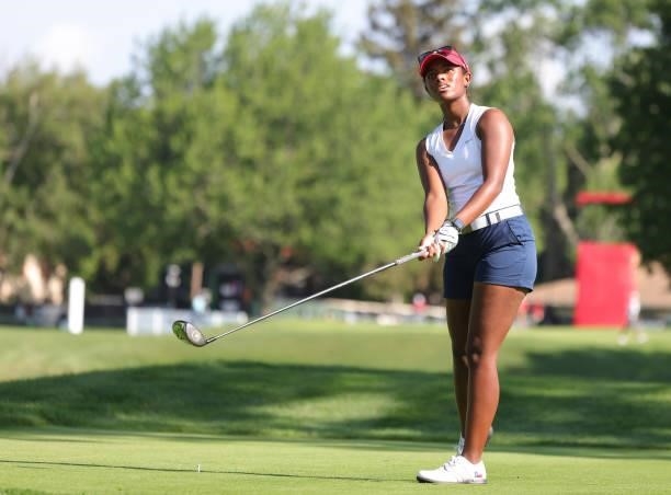 Amari Smith hits her tee shot on the second hole during day three of the John Shippen Invitational on June 28, 2021 at the Detroit Golf Club in...