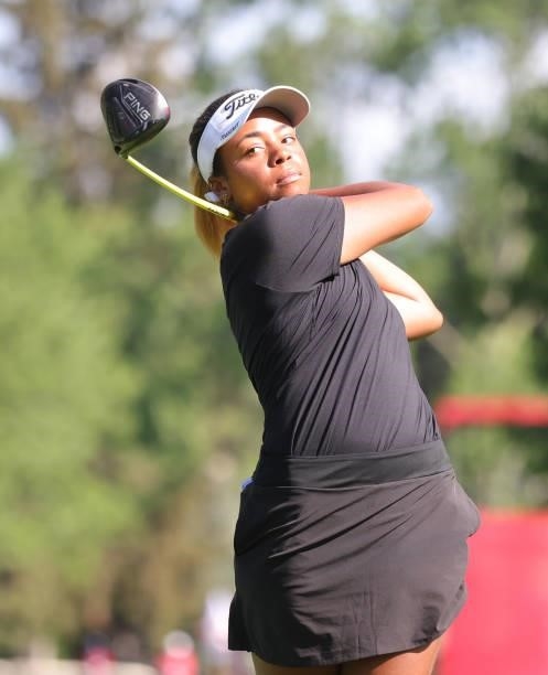 Zoe Slaughter hits her tee shot on the second hole during day three of the John Shippen Invitational on June 28, 2021 at the Detroit Golf Club in...
