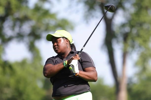 Tiana Jones hits her tee shots on the second hole during day three of the John Shippen Invitational on June 28, 2021 at the Detroit Golf Club in...