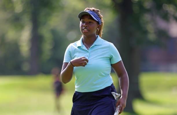 Christyn Carr walks to the first green during day three of the John Shippen Invitational on June 28, 2021 at the Detroit Golf Club in Detroit,...