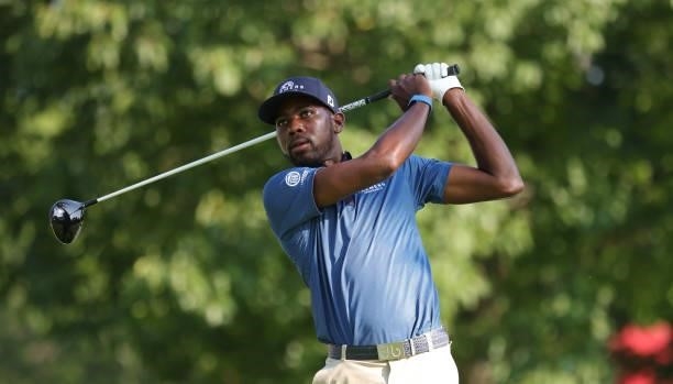 Kamaiu Johnson tees off on the second hole during day three of the the John Shippen Invitational on June 28, 2021 at the Detroit Golf Club in...