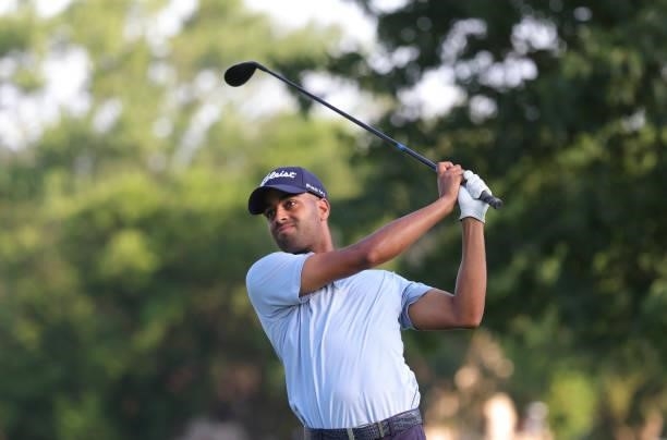 Sebastian Crampton tees off on the second hole during day three of the the John Shippen Invitational on June 28, 2021 at the Detroit Golf Club in...