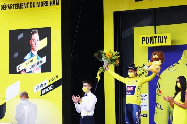 Mathieu Van Der Poel of The Netherlands and Team Alpecin-Fenix yellow leader jersey celebrates at podium during the 108th Tour de France 2021, Stage...