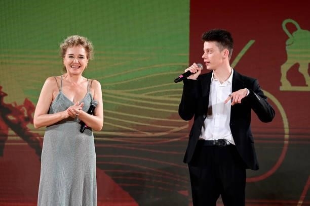 Valeria Golino and Leon de la Vallée are seen on stage during the 67th Taormina Film Fest on June 28, 2021 in Taormina, Italy.