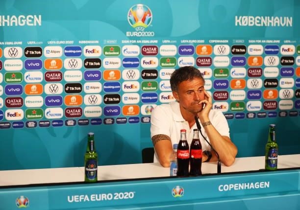 In this handout picture provided by UEFA, Luis Enrique, Head Coach of Spain speaks to the media during the Spain Press Conference after the UEFA Euro...