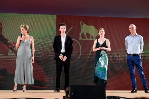 Valeria Golino, Leon de la Vallée, Maria Roveran and Claudio Cupellini are seen on stage during the 67th Taormina Film Fest on June 28, 2021 in...
