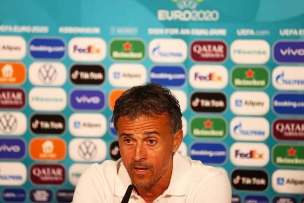 In this handout picture provided by UEFA, Luis Enrique, Head Coach of Spain speaks to the media during the Spain Press Conference after the UEFA Euro...