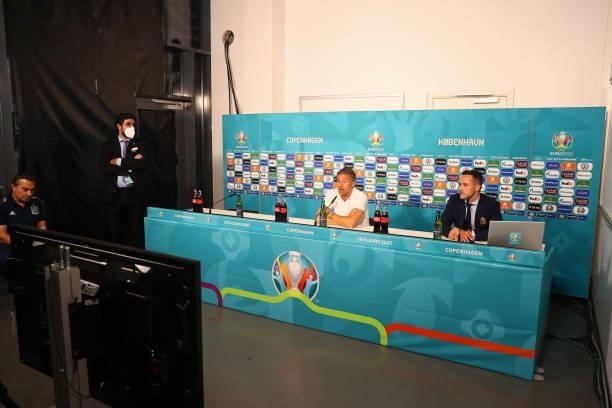 In this handout picture provided by UEFA, A general view inside the media centre as Luis Enrique, Head Coach of Spain speaks to the media during the...