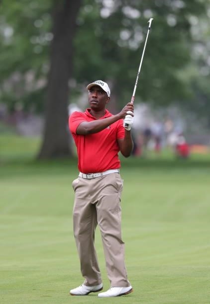 Kevin Hall hits his approach shot to the 12th green during day three of The John Shippen National Invitational on June 28, 2021 at the Detroit Golf...