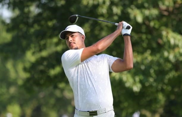 Aaron Beverly hits his drive on the second hole during day three of The John Shippen National Invitational on June 28, 2021 at the Detroit Golf Club...