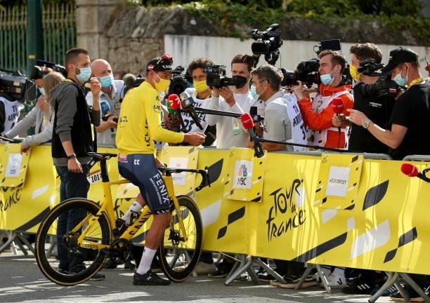 Mathieu Van Der Poel of Netherlands and Alpecin - Fenix answers to the media following stage 3 of the 108th Tour de France 2021, Stage 3 of 183 km...