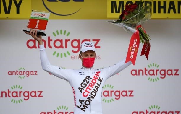 Michael Schar of Switzerland and AG2R Citroen Team receives the award for best combative rider of the day during stage 3 of the 108th Tour de France...
