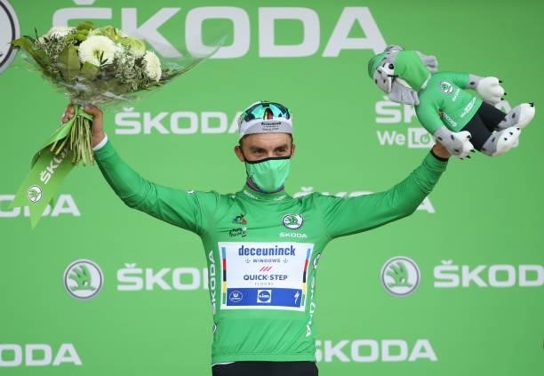 Julian Alaphilippe of France and Deceuninck Quick Step retains the green jersey of best sprinter during the podium ceremony of stage 3 of the 108th...