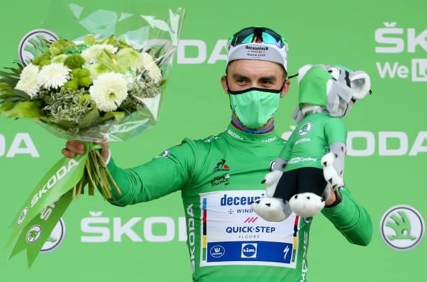 Julian Alaphilippe of France and Deceuninck Quick Step retains the green jersey of best sprinter during the podium ceremony of stage 3 of the 108th...