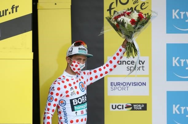 Ide Schelling of Netherlands and Bora - Hansgrohe retains the polka dot jersey of best climber during the podium ceremony of stage 3 of the 108th...