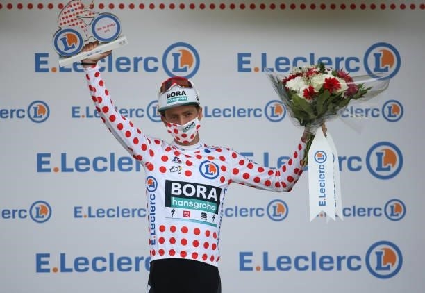 Ide Schelling of Netherlands and Bora - Hansgrohe retains the polka dot jersey of best climber during the podium ceremony of stage 3 of the 108th...