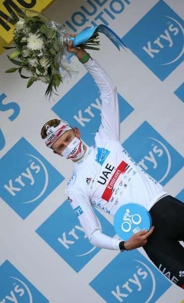 Tadej Pogacar of Slovenia and UAE Team Emirates retains the white jersey of best young rider during the podium ceremony of stage 3 of the 108th Tour...