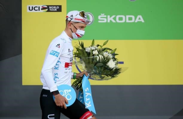 Tadej Pogacar of Slovenia and UAE Team Emirates retains the white jersey of best young rider during the podium ceremony of stage 3 of the 108th Tour...