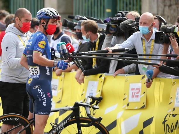 Mark Cavendish of Great Britain and Deceuninck - Quick Step answers to the media following stage 3 of the 108th Tour de France 2021, Stage 3 of 183...