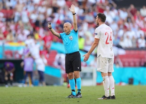 Match Referee, Cueneyt Cakir makes a decision during the UEFA Euro 2020 Championship Round of 16 match between Croatia and Spain at Parken Stadium on...