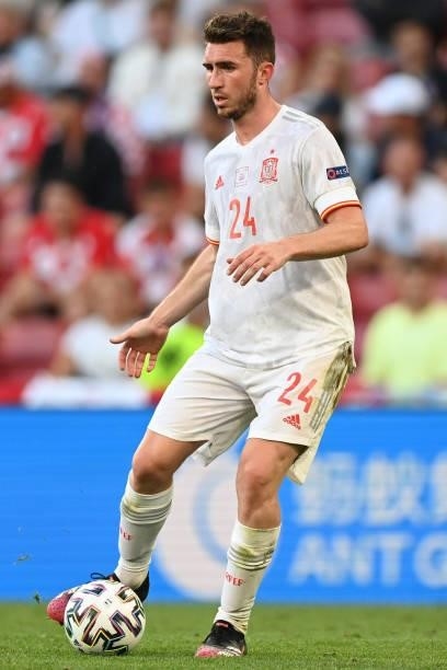 Aymeric Laporte of Spain makes a pass during the UEFA Euro 2020 Championship Round of 16 match between Croatia and Spain at Parken Stadium on June...