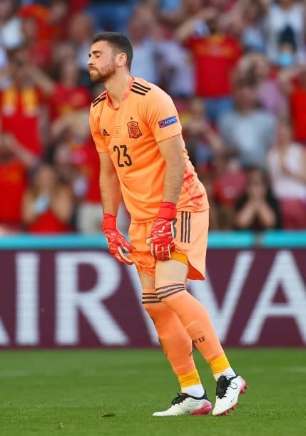 Unai Simon of Spain looks dejected after conceding a goal, an own goal scored by team mate Pedri during the UEFA Euro 2020 Championship Round of 16...
