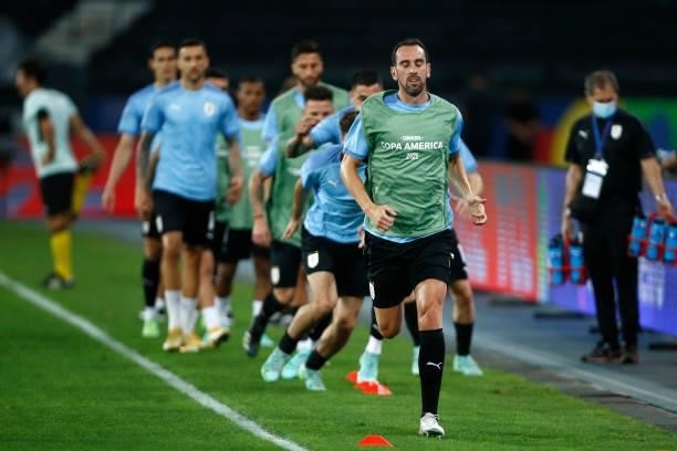 Diego Godin of Uruguay warms up before a group A match between Uruguay and Paraguay as part of Conmebol Copa America Brazil 2021 at Estadio Olímpico...