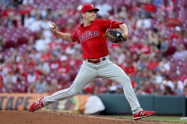 Spencer Howard of the Philadelphia Phillies pitches in the third inning against the Cincinnati Reds at Great American Ball Park on June 28, 2021 in...