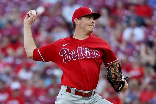 Spencer Howard of the Philadelphia Phillies pitches in the third inning against the Cincinnati Reds at Great American Ball Park on June 28, 2021 in...
