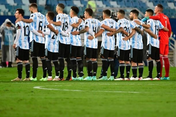 Players of Argentina line up for the national anthem prior to a Group A match between Argentina and Bolivia as part of Copa America 2021 at Arena...