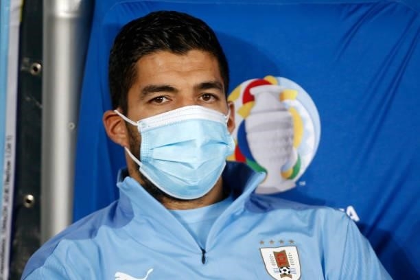 Luis Suarez of Uruguay looks on before a group A match between Uruguay and Paraguay as part of Conmebol Copa America Brazil 2021 at Estadio Olímpico...