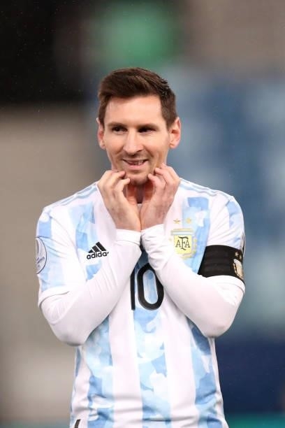 Lionel Messi of Argentina gestures prior to a Group A match between Argentina and Bolivia as part of Copa America 2021 at Arena Pantanal on June 28,...