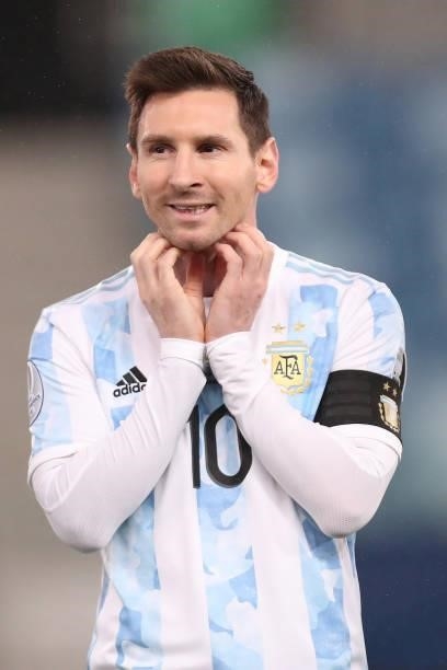 Lionel Messi of Argentina gestures prior to a Group A match between Argentina and Bolivia as part of Copa America 2021 at Arena Pantanal on June 28,...