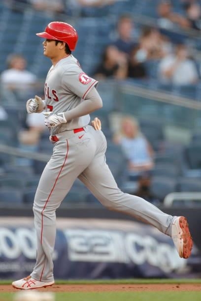 Shohei Ohtani of the Los Angeles Angels rounds the bases after hitting a solo home run during the first inning against the New York Yankees at Yankee...