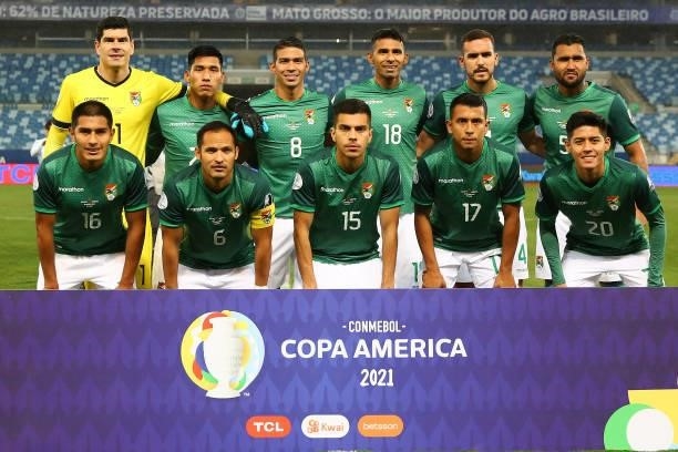 Players of Bolivia pose for the team photo prior to during a Group A match between Argentina and Bolivia as part of Copa America 2021 at Arena...
