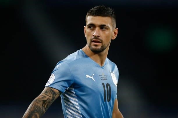 Giorgian De Arrascaeta of Uruguay looks on during a group A match between Uruguay and Paraguay as part of Conmebol Copa America Brazil 2021 at...