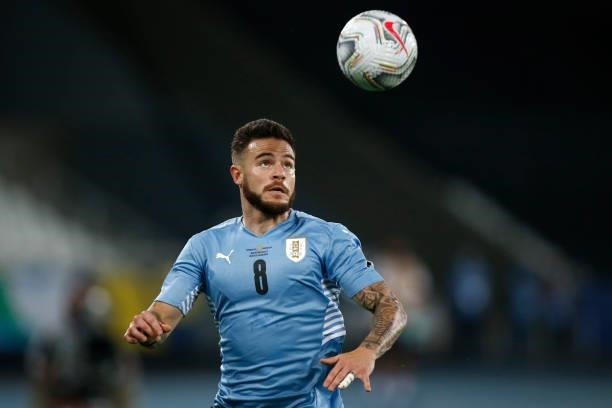 Nahitan Nandez of Uruguay looks at the ball during a group A match between Uruguay and Paraguay as part of Conmebol Copa America Brazil 2021 at...
