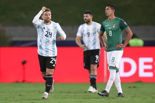 Alejandro Gomez of Argentina celebrates after scoring the first goal of his team during a Group A match between Argentina and Bolivia as part of Copa...