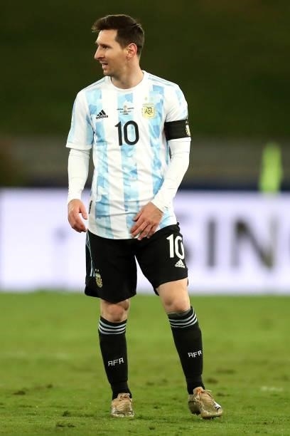 Lionel Messi of Argentina gestures during a Group A match between Argentina and Bolivia as part of Copa America 2021 at Arena Pantanal on June 28,...