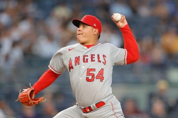 Jose Suarez of the Los Angeles Angels pitches during the third inning against the New York Yankees at Yankee Stadium on June 28, 2021 in the Bronx...