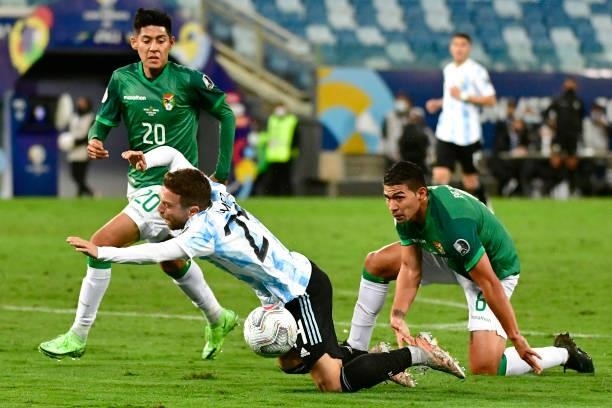 Alejandro Gomez of Argentina is fouled in the penalty area during a Group A match between Argentina and Bolivia as part of Copa America 2021 at Arena...