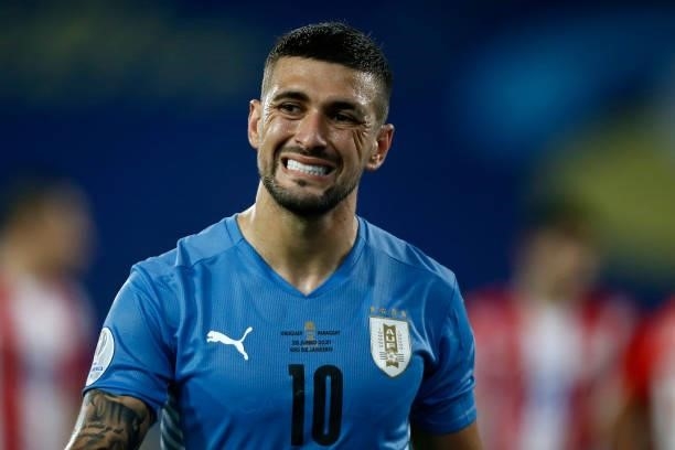 Giorgian De Arrascaeta of Uruguay reacts during a group A match between Uruguay and Paraguay as part of Conmebol Copa America Brazil 2021 at Estadio...