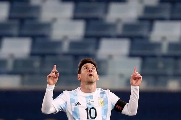 Lionel Messi of Argentina celebrates after scoring the third goal of his team during a Group A match between Argentina and Bolivia as part of Copa...